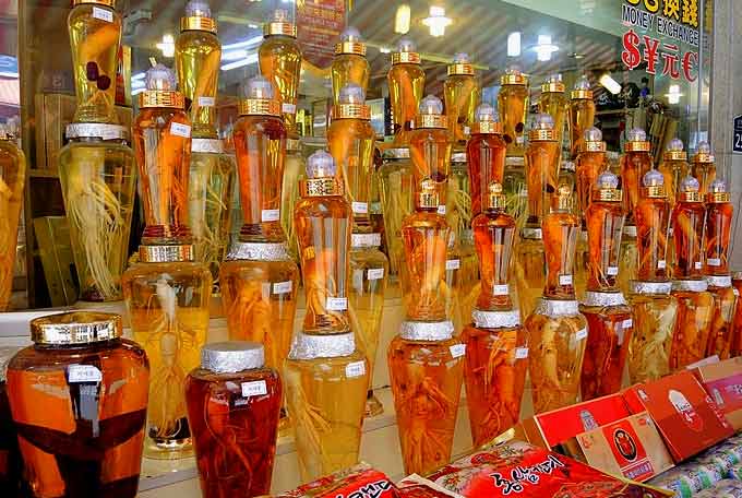 Ginseng tinctures on shelves at market