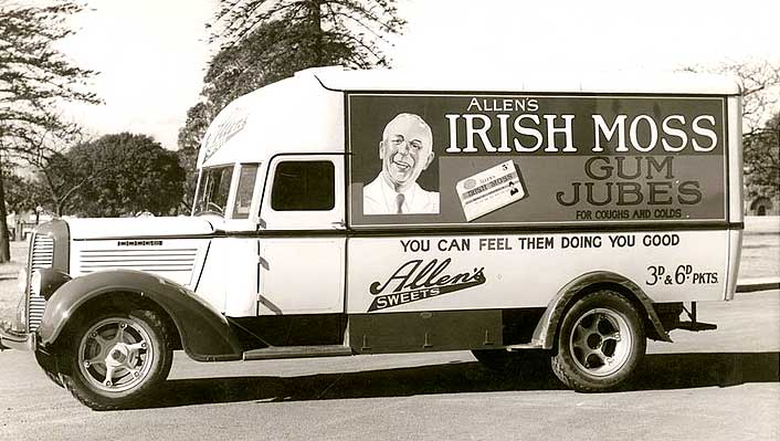 Allen's Irish Moss Gum advertisement on a bus