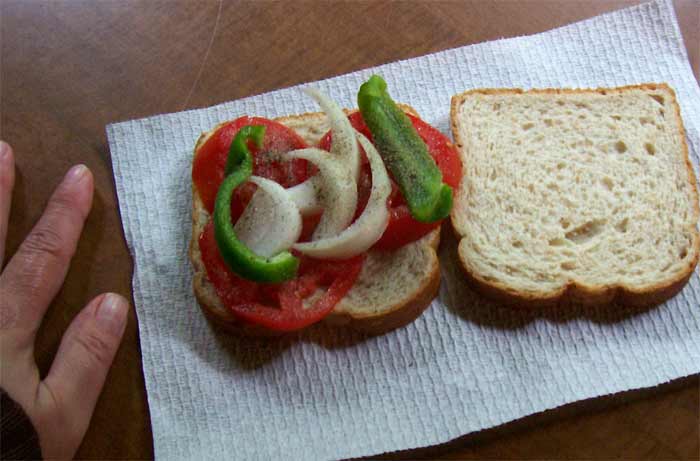 Tomato sandwich with peppers and onions
