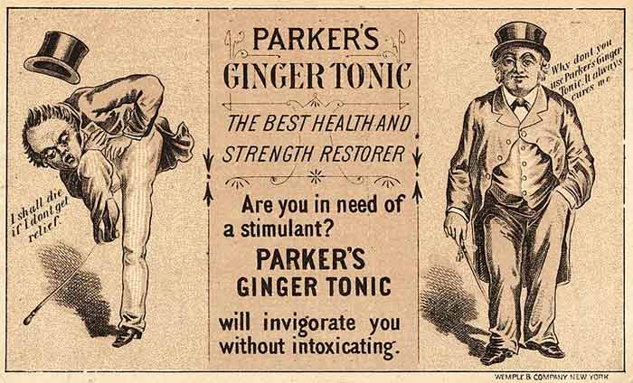 Old ad for Ginger tonic show man in top hat in pain and then cured