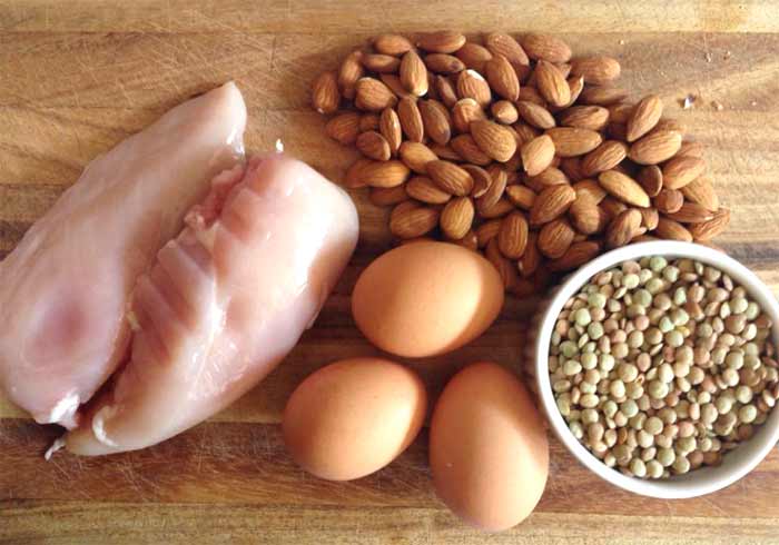 chicken, nuts, eggs and beans
